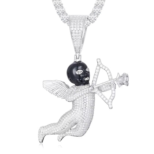 Iced Out VVS Moissanite Angel Cupid Black Masked Arrow of Eros 925 Silver Pendant Only