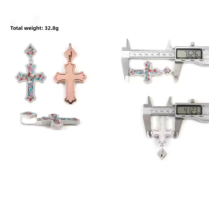 Iced Out Colorful VVS Moissanite Men's 925 Silver Cross Pendant Only