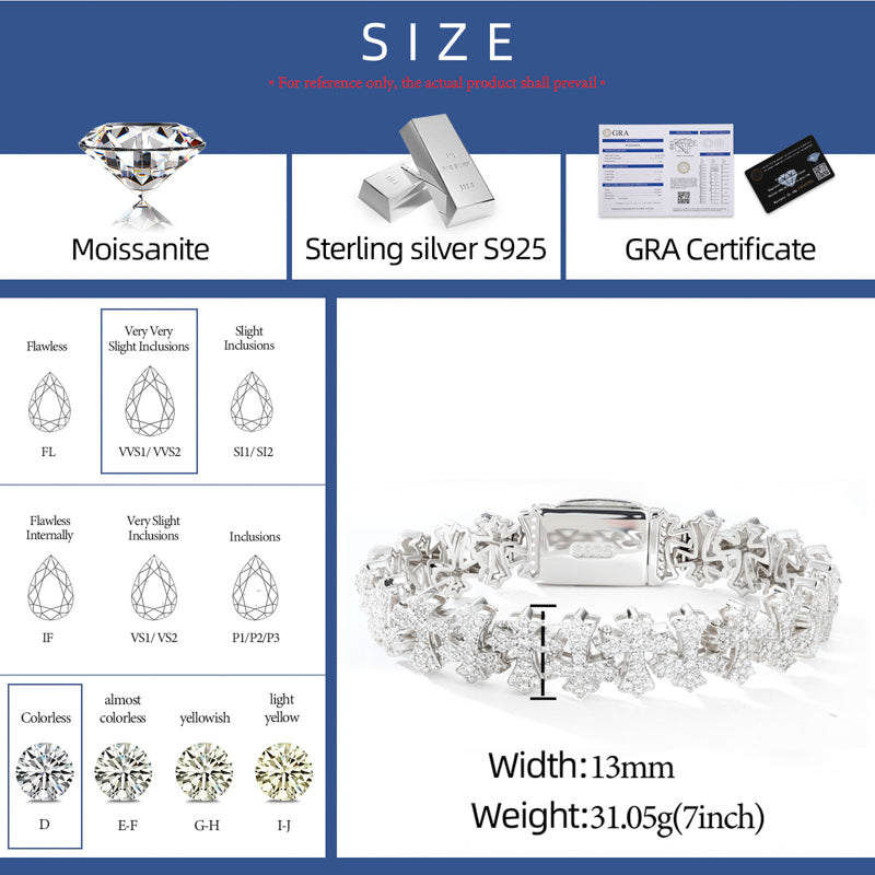 Mens 10mm 925 Silver VVS Moissanite Iced Out Cross Link Bracelet