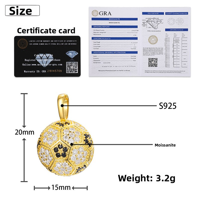 2cm by 1.5cm VVS Moissanite 925 Silver Soccer Pendant + 24 Inch Necklace