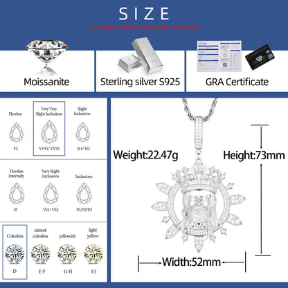 VVS Moissanite 925 Silver Jesus Pendant Only for Men 73mm by 52mm