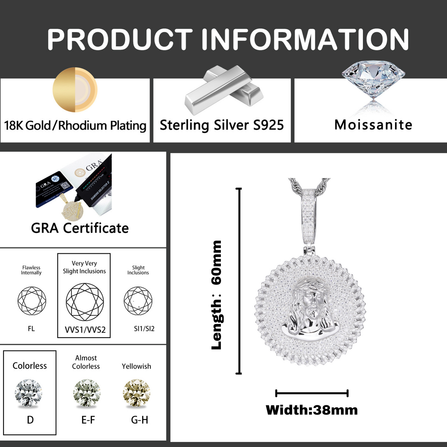 VVS Moissanite Iced Out Jesus 60mm by 38mm Circle Geometric Cuban Side 925 Silver Pendant Only