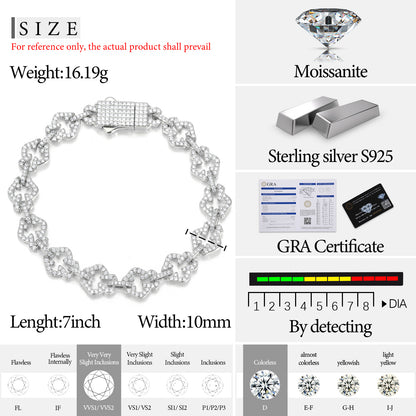 10mm Micro Paved VVS Moissanite 925 Silver Iced Out Cross Link Bracelet for Men