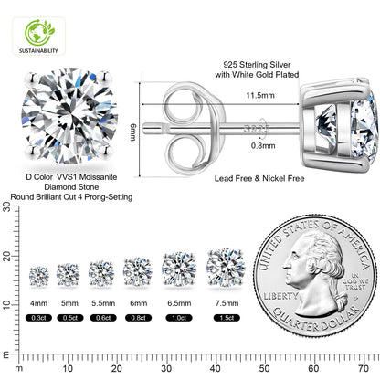 VVS Moissanite Fully Customizable Men's Stud 925 Silver Earrings 4MM-7.5MM