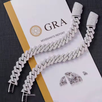 VVS Moissanite 2rows 14mm 925 Silver Bracelet Iced Out Diamond Cuban Link