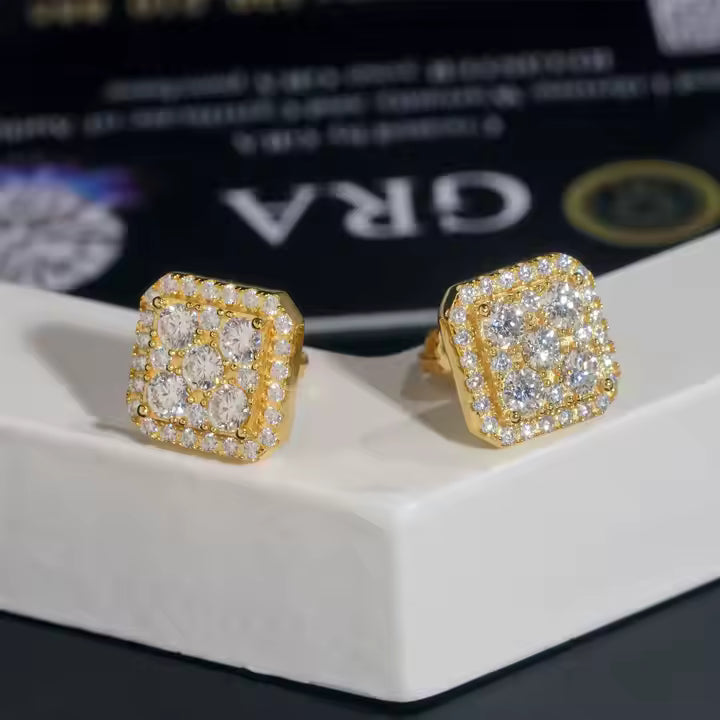 VVS Moissanite 10MM Gold Silver Square Stud Earrings for Men