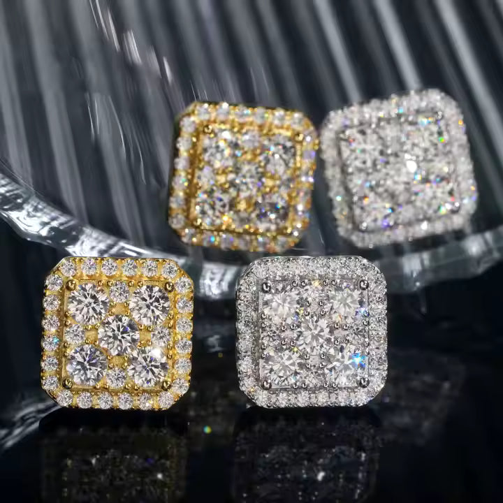 VVS Moissanite 10MM Gold Silver Square Stud Earrings for Men
