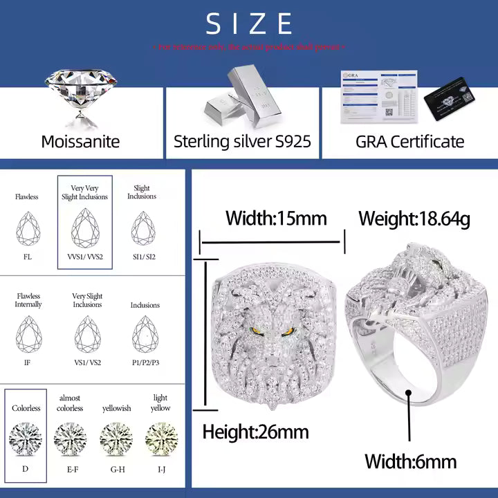VVS Moissanite Iced Out 925 Silver Lion Head Ring