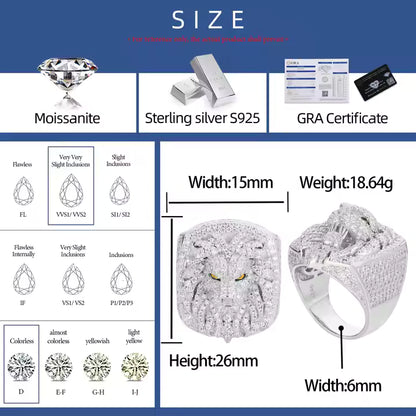 VVS Moissanite Iced Out 925 Silver Lion Head Ring