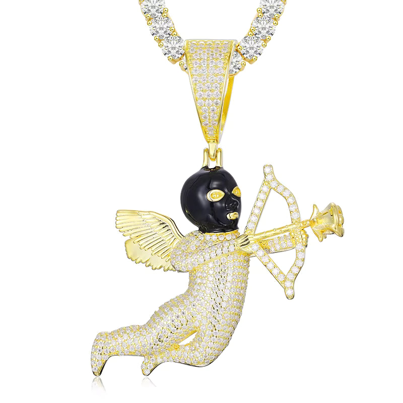 Iced Out VVS Moissanite Angel Cupid Black Masked Arrow of Eros 925 Silver Pendant Only