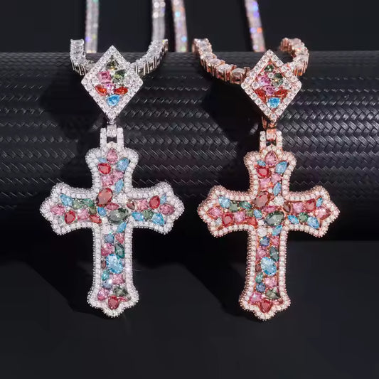 Iced Out Colorful VVS Moissanite Men's 925 Silver Cross Pendant Only