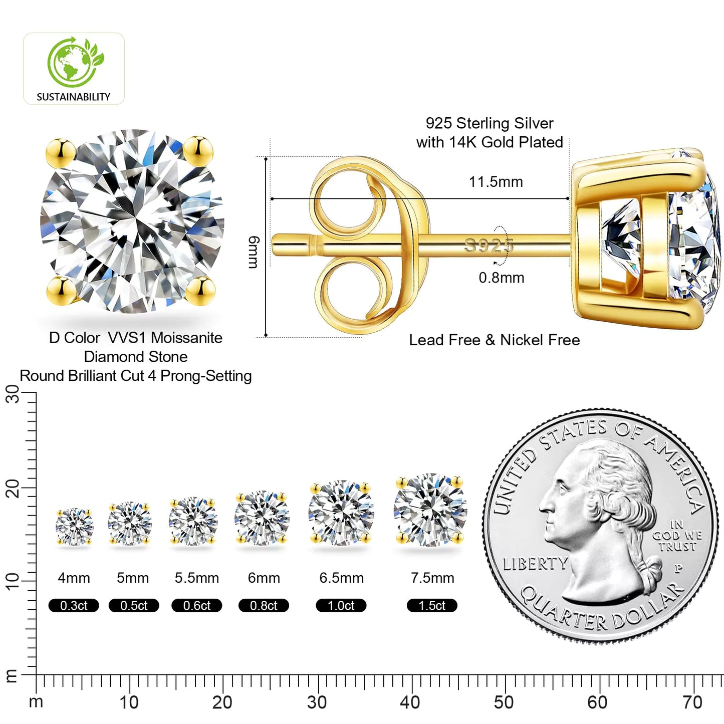VVS Moissanite Fully Customizable Men's Stud 925 Silver Earrings 4MM-7.5MM