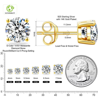 VVS Moissanite Fully Customizable Men's Stud 925 Silver Earrings 4MM-7.5MM