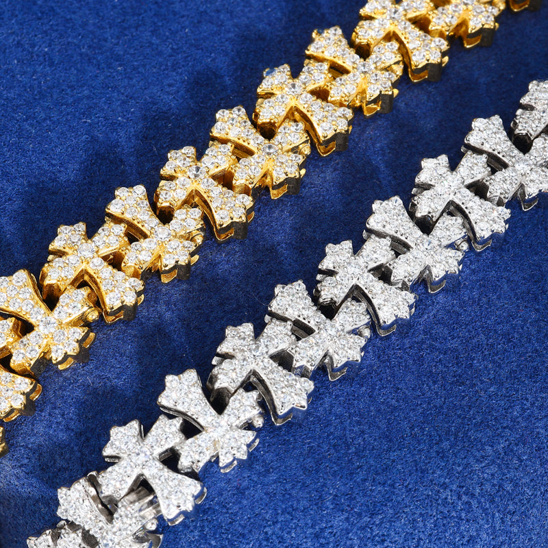 Mens 10mm 925 Silver VVS Moissanite Iced Out Cross Link Bracelet