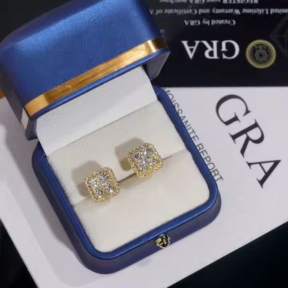 VVS Moissanite 10MM Gold Silver Square Stud Earrings for Men