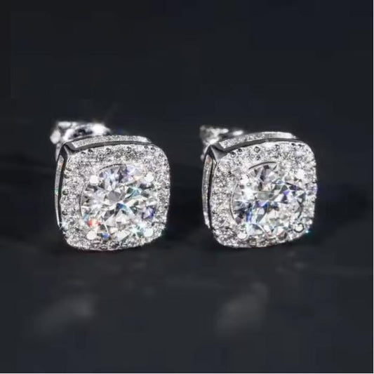7.5mm Iced Out VVS Moissanite Earrings 925 Silver Stud Screw Backs