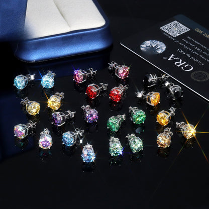 8mm 2CT VVS Moissanite Earring 4 Claws Yellow Blue Black Red Green Rainbow Color 925 Silver Earrings Men's Stud Earrings