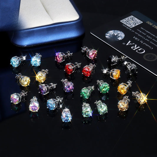 8mm 2CT VVS Moissanite Earring 4 Claws Yellow Blue Black Red Green Rainbow Color 925 Silver Earrings Men's Stud Earrings