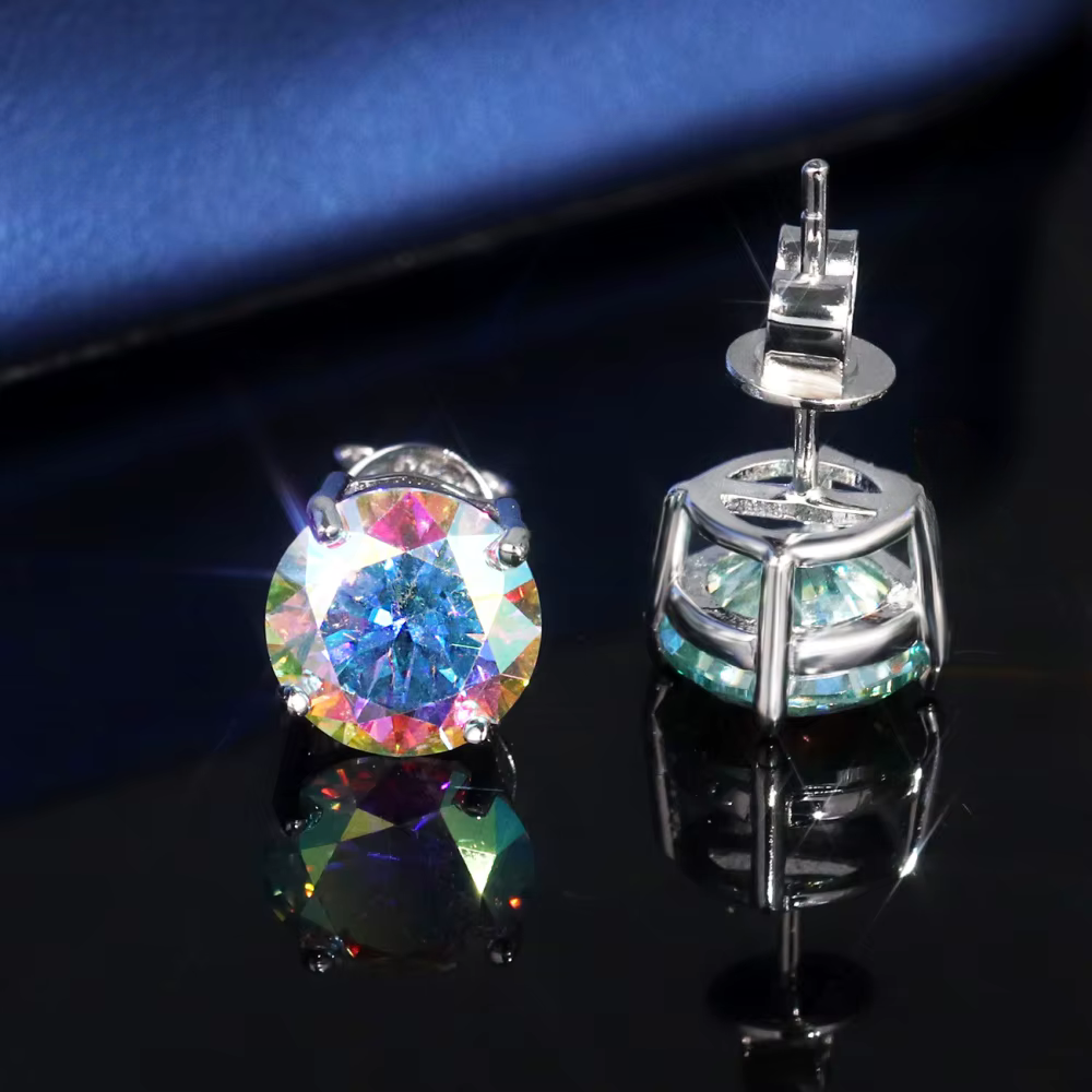 8mm 2CT VVS Moissanite Earring 4 Claws Yellow Blue Black Red Green Rainbow Color 925 Silver Earrings Men's Stud Earrings