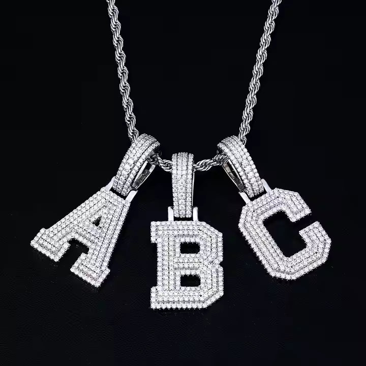 VVS Moissanite Iced Out 925 Silver A-Z Initial Pendant + Necklace