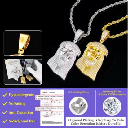 Men's Iced Out VVS Moissanite 925 Silver Jesus Piece Pendant With Necklace