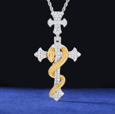 VVS Moissanite 925 Silver Two Tone Moses Cross Snake Staff Pendant Only